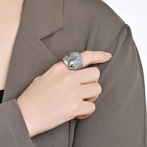 European American Minimalist Grid Pattern Stainless Steel Gold Plated <b>Ring</b> Women's Fashion Jewelry Gift Geometric Design - Product Image 2