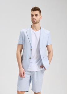 Completo Estivo da <span class=keywords><strong>Uomo</strong></span> in Misto Lino Traspirante, <span class=keywords><strong>Blazer</strong></span> a Maniche Corte e Pantaloncini, Set 2 Pezzi <span class=keywords><strong>Azzurro</strong></span>, Abito Casual Formale - Product Image 3