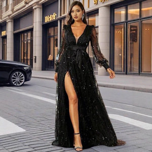 Vestido de noche largo para mujer con lentejuelas, cuello en V, cintura imperio, manga transparente y abertura, ideal para eventos y banquetes. - Product Image 1