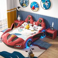 Cartoon-Leder-Einzelbett mit Schutzgitter Mädchen Kinder Rennwagen-Bett Rennwagen-förmiges Kinderbett
