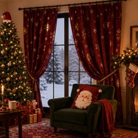 Rideau Occultant Noël Rouge Doré à Motif Flocon de Neige, Rideaux Métalliques à Œillets et Passe-Tringle, Traitement de Fenêtre Personnalisé pour Salon