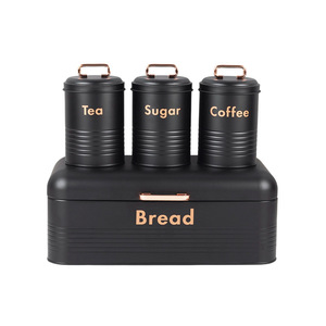 กล่องใส่ขนมปังพร้อมกระป๋อง 3 ใบ สำหรับเก็บชา น้ำตาล กาแฟ ภาชนะใส่อาหารเกรดครัว สีดำด้าน - Product Image 1