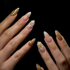 Faux ongles en acrylique faits à la main, style français, carrés, amande, fleurs 3D roses, vente en gros, ongles à presser de créateur - Product Image 6