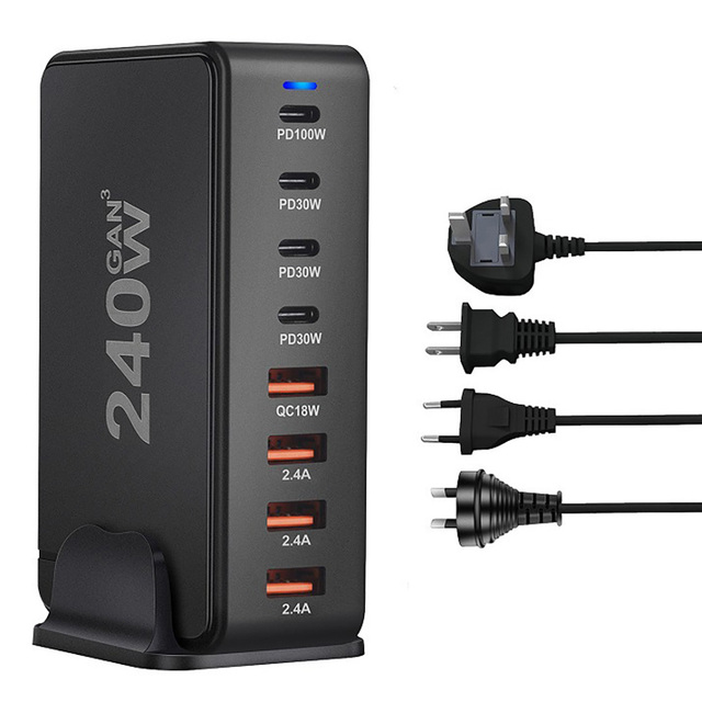 Factory Sales 240W 4C4A Desktop GaN Charger 8-port Type-C PD 100W Fast Charger 3.0 USB Mobile Wall Fast Charger for Mobile Phone