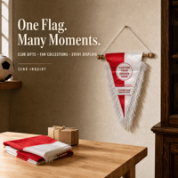 Banderín Deportivo Personalizado, Fabricante OEM, Venta al Por Mayor, Satén, Triangular, con Flecos, Logotipo de Club o Equipo, Recuerdo, Decoración para Colgar en la Pared