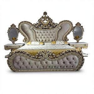 Cama con Botones Decorativos Estilo Real, Marco de Madera con Grabado Clásico, Muebles de Dormitorio Antiguos - Product Image 2