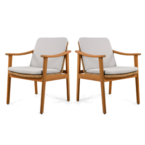 Modern Outdoor Dining Chairs Set of 2 Teak Color Acacia Wood <b>Frame</b> Brown PE Wicker <b>Grey</b> Waterproof Cushion for Home & Hotel Use - Product Image 3