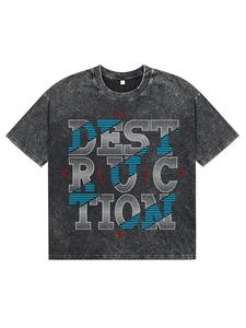 T-shirts en coton noir délavé à l'acide pour hommes, col rond, imprimé DTG lettres brisées, coupe décontractée, respirants - Product Image 1