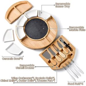 Juego de tablas de queso de bambú y madera, bandeja para delicatessen y bandeja para servir, compartimentos domésticos con bandeja para cubiertos, tabla de frutas para cocina - Product Image 4