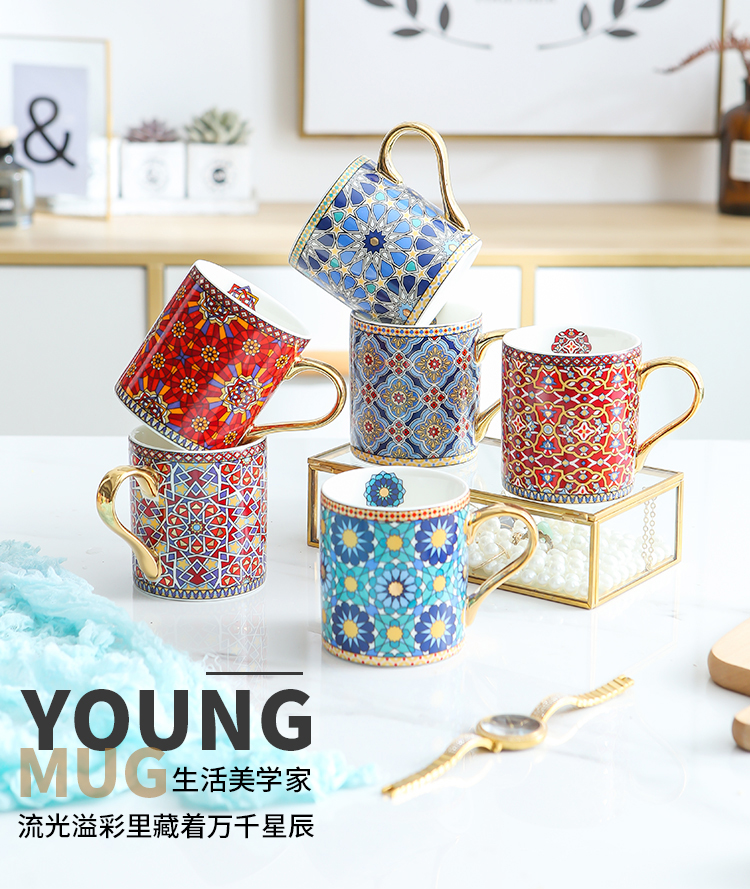 Vintage Moroccan Style Ceramic Coffee Cups with Gold Handle