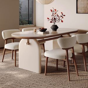 Oval <b>Solid</b> <b>Wood</b> Dining <b>Table</b> With Marble <b>Top</b> And Cream Chairs Nordic Style For Small Apartments - Product Image 3