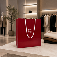 Sac de shopping en papier rouge brillant de luxe avec poignée en corde blanche, logo personnalisé OEM ODM, emballage cadeau haut de gamme pour la vente au détail