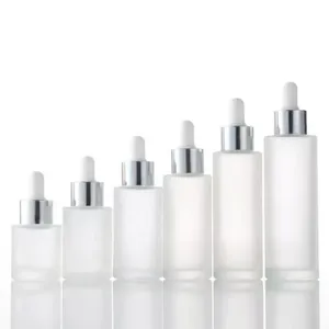 Cosmetic Packaging 50ml Flat Shoulders Glass Screw Bottle Clear Frosted Flat Shoulder Glass Bottle