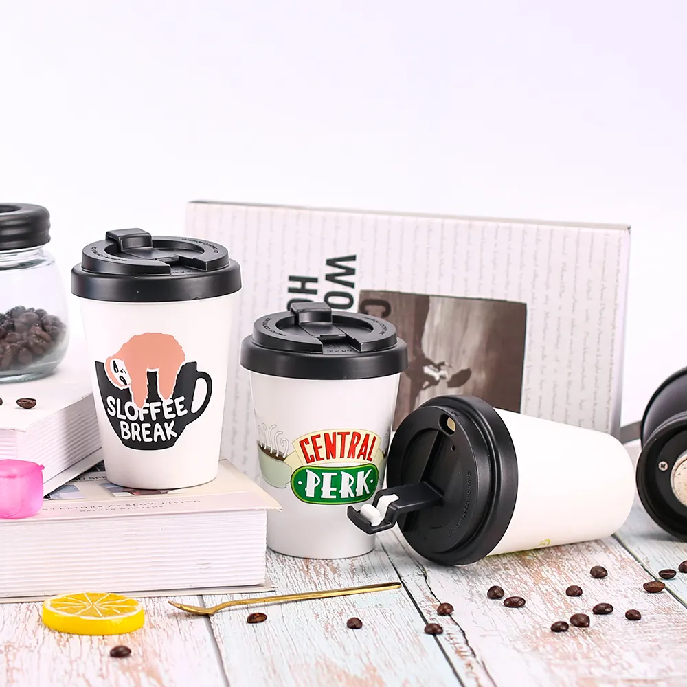 eco-friendly 10oz custom logo flip lid double wall insulated plastic PP reusable coffee cup with lid