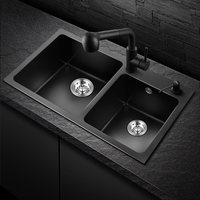 Évier de cuisine double bac en pierre de quartz à deux trous avec robinet, bassin nano pour le lavage des légumes et de la vaisselle, pour usage domestique
