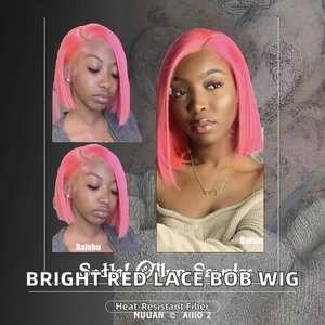 Perruque Lace Front Bob synthétique rouge vif, <span class=keywords><strong>cheveux</strong></span> courts de 10 pouces, en fibre haute température - Product Image 2