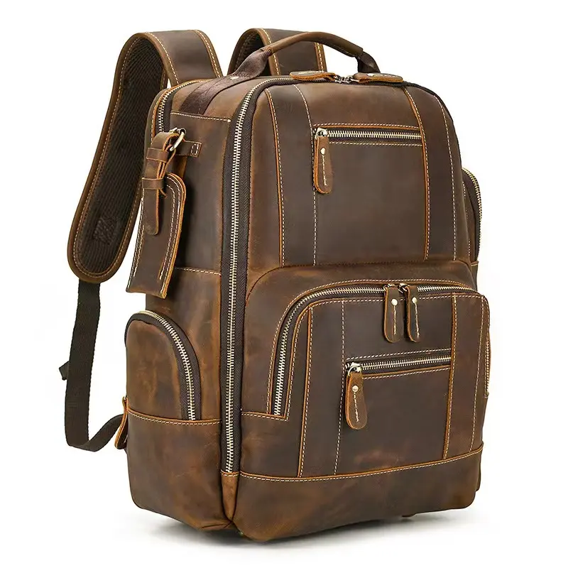 Wholesale Men's Vintage Full Grain Leather 15.6 Inch Laptop Backpack Camping Travel 24L crazy leather Backpack