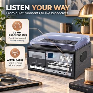 Tocadiscos de Madera, Gramófono Moderno, Fonógrafo, Reproductor de Casetes, CD/BT, Radio FM, Tocadiscos con Funciones Todo en Uno - Product Image 5