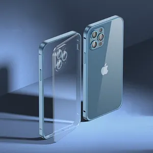 Armação de metal duro para iphone, venda por atacado para iphone 14 13 12 pro max, capa traseira transparente 2 em 1, à prova de choque, com protetor de câmera