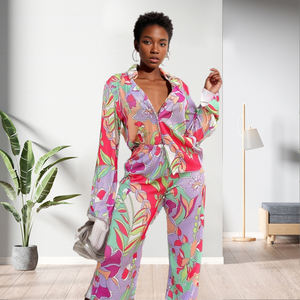 Unique Design Casual Floral Print Shirt Straight 2 Piece <b>Pants</b> Set Women Fashion - Product Image 3