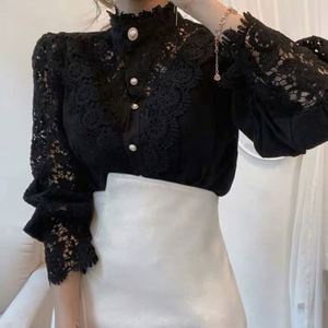 <span class=keywords><strong>2022</strong></span>เสื้อลูกไม้แขนยาวฝรั่งเศสคอตั้งมีกระดุมเสื้อลำลองเสื้อเย็บปะลายดอกไม้สีทึบ - Product Image 3