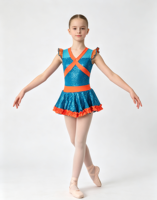 Robe de danse à paillettes pour enfants, bleu orange, à volants, costume de danse personnalisé pour la scène de ballet et les compétitions