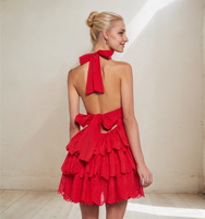 2025 rouge plissé licou Maxi robe pour femmes Sexy à la mode décontracté été soirée vêtements dames Club gâteau Couple robe