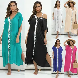 مصنع المرأة مثير الصيف ملابس المنتجعات الكروشيه مخطط الخامس الرقبة طويلة طويلة بيكيني غطاء اللباس