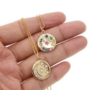 promotion simple round coin pendant cz moon star engraved sparking bling plate necklace
