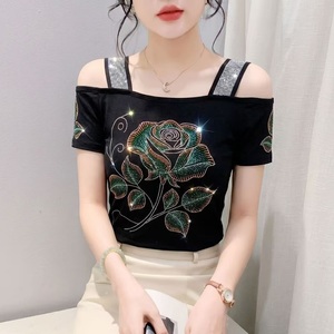 <span class=keywords><strong>Top</strong></span> verde a spalle scoperte con strass lucidi e fiori in rete, maglietta a maniche corte per discoteca, t-shirt da festa - Product Image 4