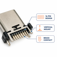 Connecteur vertical femelle USB Type-C 16 broches en laiton avec colonne pour carte PCB 3A 12V H=9.3mm