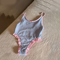 Maillot de bain une pièce pour femme, design personnalisé, en tissus recyclés, avec nœud, coupe haute, style vintage, à carreaux gingham, à volants contrastants et bordure en dentelle