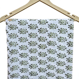 Green Floral Hand Block Print Cotton Fabric Indian Handmade Botanical Textile for Dress Kurti Home Decor - Product Image 1