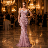 Ballkleid in Rosenrosa, stark perlenbesetzt, Fishtail-Abendkleid, geeignet für Bankettsäle, Rooftop-Partys, Red-Carpet-Events, Partykleid
