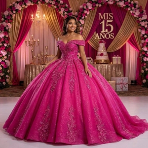 Lsany269 Modern <b>Maternity</b> Elegant Fuchsia Ball Gown Natural <b>Sparkly</b> Applique Eco-Friendly Quinceanera <b>Dress</b> for Sweet 15 Formal - Product Image 1