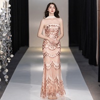 Robe de soirée sirène sur mesure en sequins or rose pêche, sans bretelles, à franges, longueur ras du sol, vente en gros