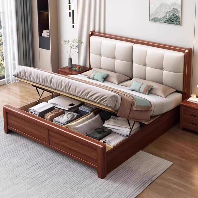Modern Queen Size Leather Wood Bed with Adjustable Frame Storage Drawers Durable & Eco-Friendly Bedroom Furniture