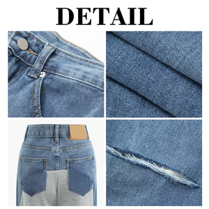 Jean KingSen pour femme, taille haute, patchwork, coupe droite, jambe large, 5 poches, style color block, décontracté, streetwear en denim - Product Image 6