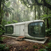Capsule spatiale préfabriquée autonome, maisonnette contemporaine avec panneaux solaires, isolation en laine de roche, mobile, pour glamping, salon et chambre