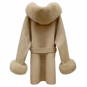 Taglia Trim cappotto di lana da donna vera pelliccia di volpe grande con polsino di pelliccia nuovo caldo lungo 100% vera lana Cashmere lana sezione lunga spessa
