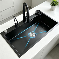 Évier de cuisine multifonctionnel en acier inoxydable noir à 4 trous, à encastrer, avec surface nano