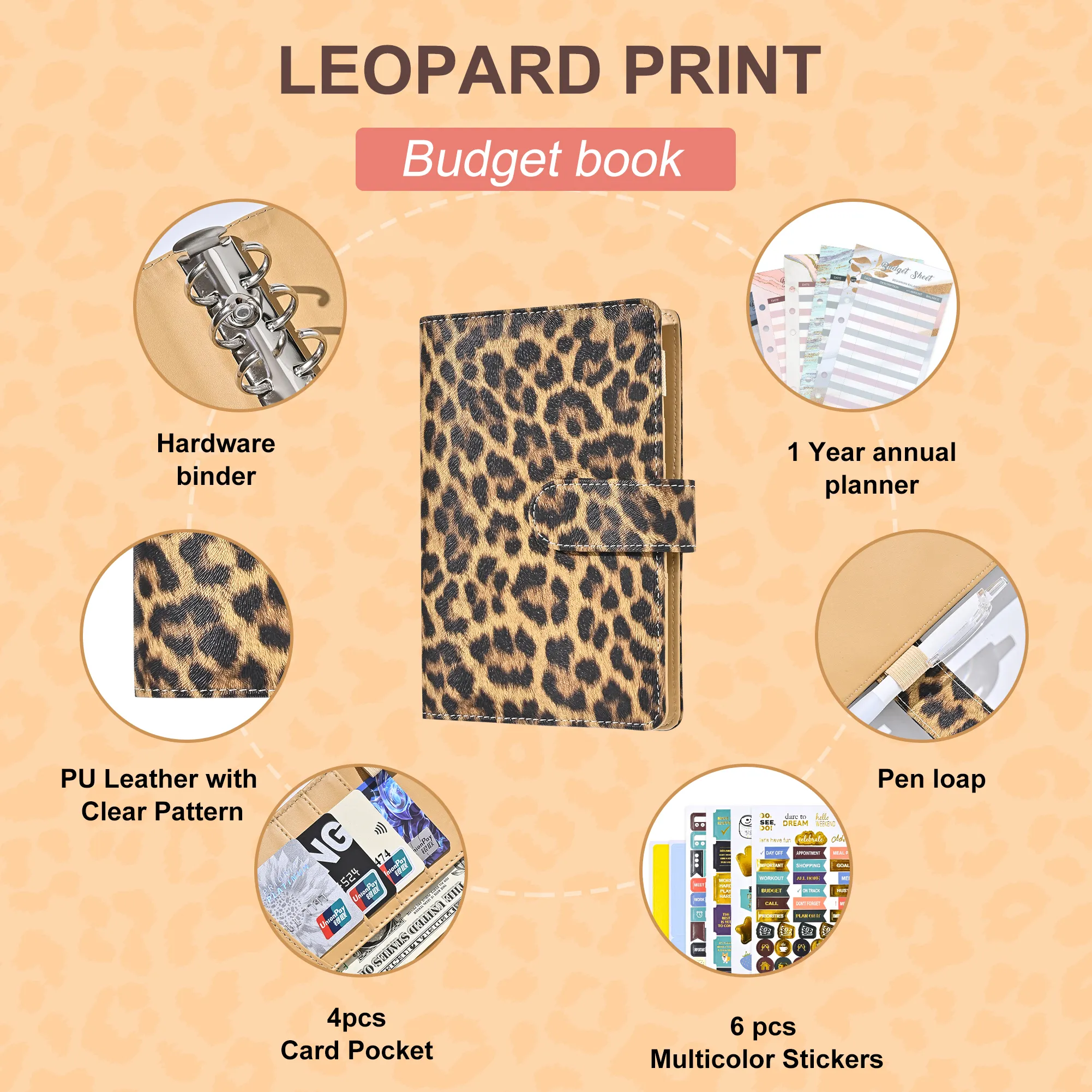 Bán Buôn Các Sản Phẩm Mới A6 PU Da Leopard Ngân Sách Vòng Clip Tiết Kiệm Nhật Ký Thẻ Tiền Mặt Vòng Clip Máy Tính Xách Tay