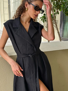 Robe chemise midi décontractée sans manches en coton pour femme, style <span class=keywords><strong>blazer</strong></span> vintage avec revers cranté et taille nouée, personnalisable 2026, usine OEM/ODM Chine - Product Image 4