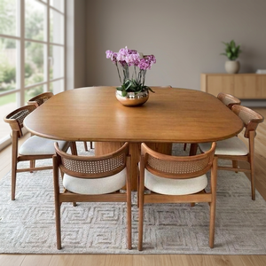 Ensemble de table à manger carrée arrondie en teck massif minimaliste moderne avec chaise en rotin, meubles pour la maison - Product Image 3
