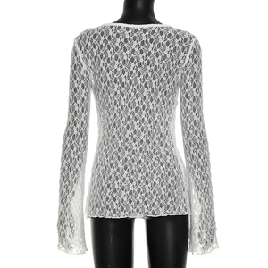 Viviblook J26TP289 Women Autumn Top V-Neck Lace Long <b>Sheer</b> Casual Long Sleeve Top for Ladies - Product Image 2