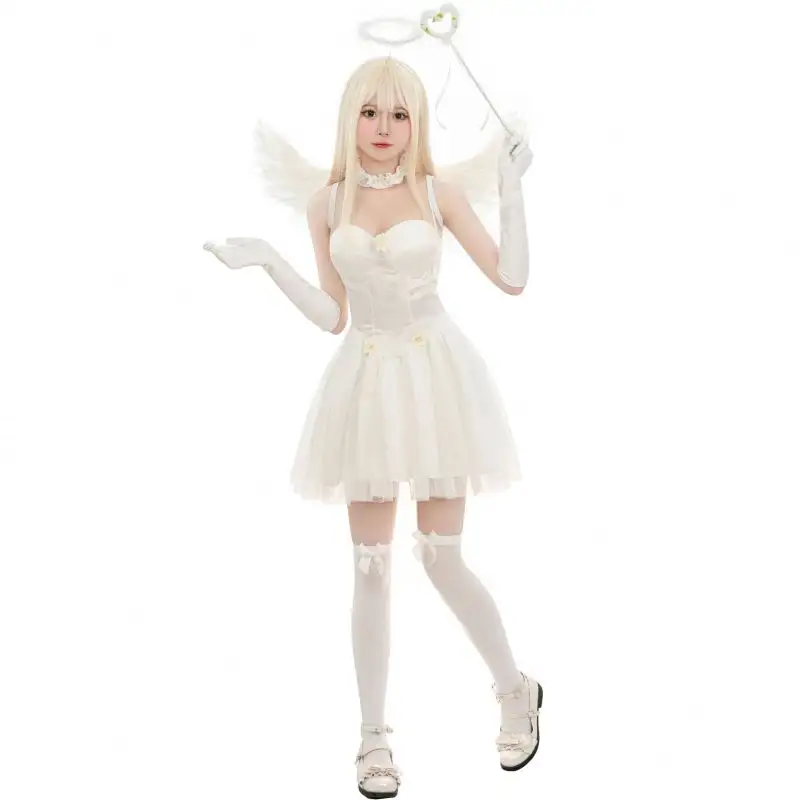 White Angel Costume Set Feather Angel Wings Halo Headband Wand Dress for Girls Cosplay