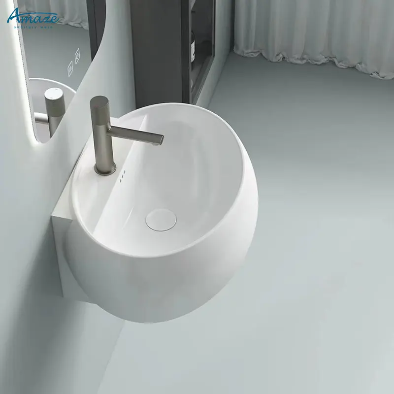 Lüks otel banyo sıhhi tesisat oval beyaz renk duvara monte sanat havza seramik el duvar asılı lavabo lavabo
