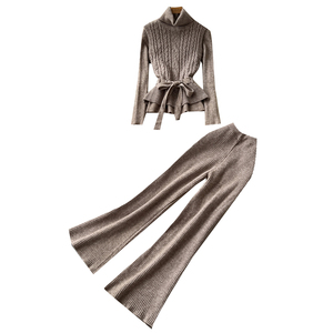 Conjunto <span class=keywords><strong>de</strong></span> punto <span class=keywords><strong>de</strong></span> 2 piezas para <span class=keywords><strong>mujer</strong></span>, otoño-invierno: Top <span class=keywords><strong>de</strong></span> cuello alto con trenzas y pantalones acampanados acanalados con cinturón. - Product Image 5