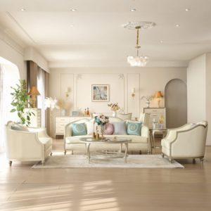 Elegante Juego de Sofás para Sala de Estar en Color <span class=keywords><strong>Crema</strong></span> Blanco, Estilo Provincial Francés, Reposabrazos Curvos, Juego de Muebles Tapizados de 3+2+1 Plazas - Product Image 5