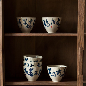 Hand Painted Porcelain Teacup <b>Set</b> With Poetry Design For Kung Fu <b>Tea</b> 6pcs Dehua Origin Round Shape Without Lid - Product Image 2